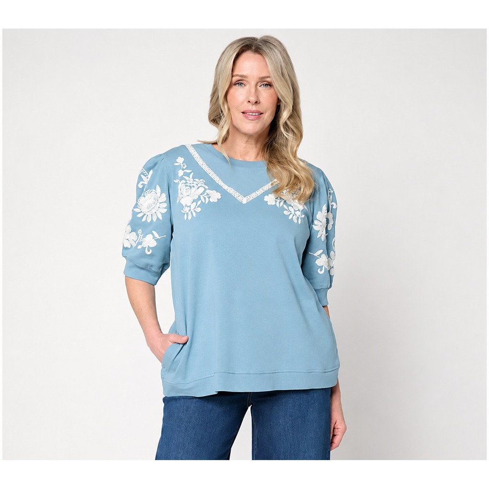 LOGO Lavish by Lori Goldstein Embroidered Short Sleeve Sweatshirt Spring Lake, S